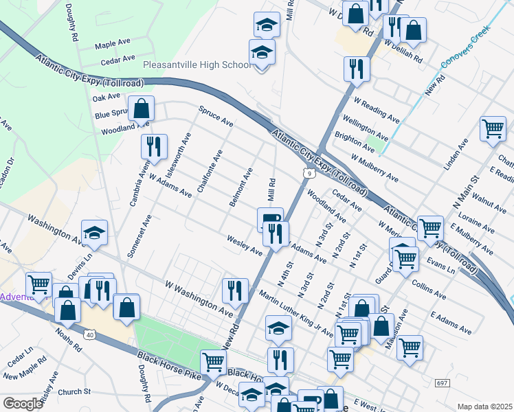map of restaurants, bars, coffee shops, grocery stores, and more near 610 Oneida Avenue in Pleasantville
