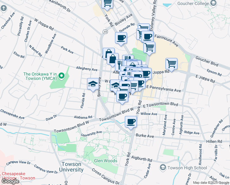 map of restaurants, bars, coffee shops, grocery stores, and more near 116 West Chesapeake Avenue in Towson