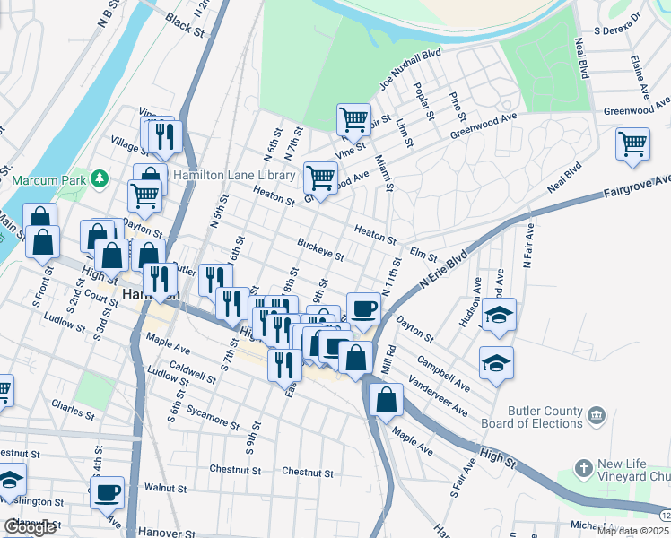 map of restaurants, bars, coffee shops, grocery stores, and more near 826 Buckeye Street in Hamilton