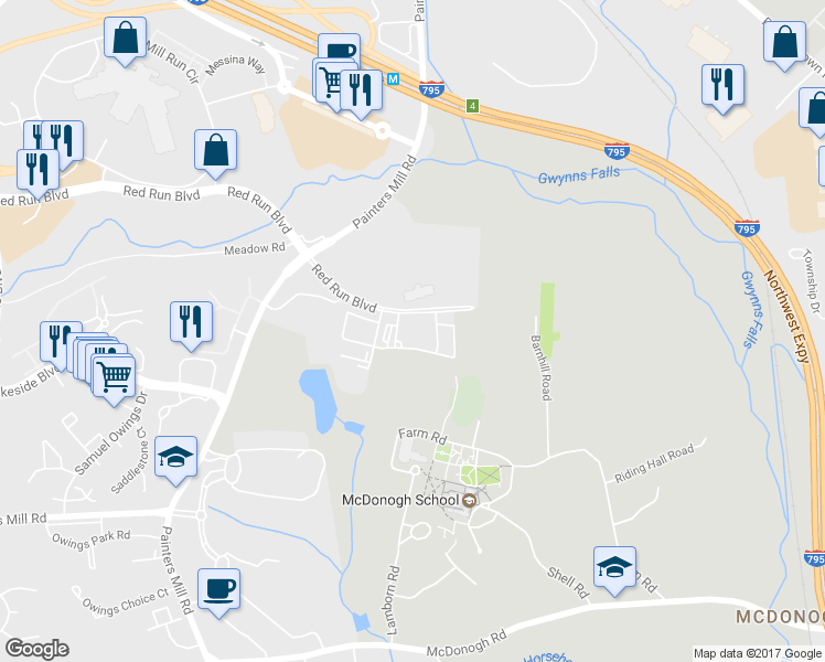 map of restaurants, bars, coffee shops, grocery stores, and more near 10055 Red Run Boulevard in Owings Mills