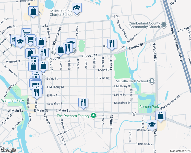 map of restaurants, bars, coffee shops, grocery stores, and more near 407 North 8th Street in Millville