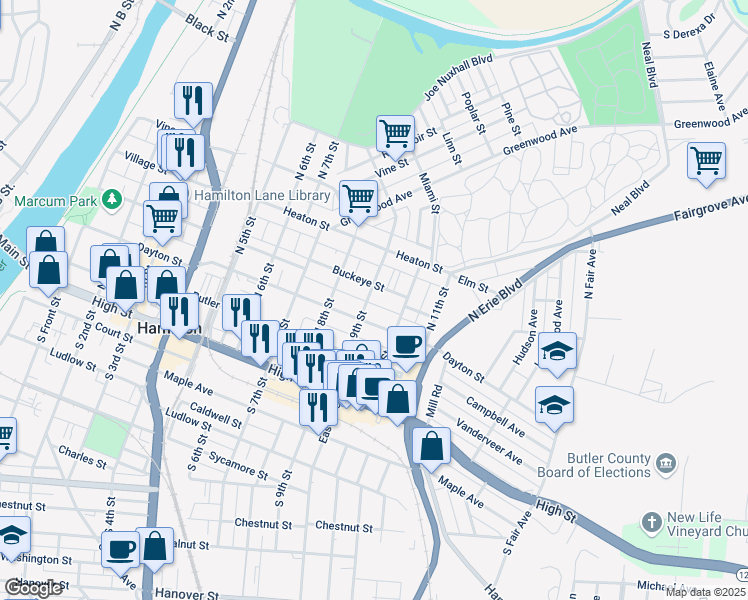 map of restaurants, bars, coffee shops, grocery stores, and more near 826 Buckeye Street in Hamilton