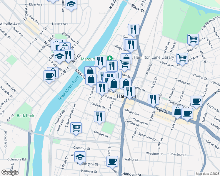 map of restaurants, bars, coffee shops, grocery stores, and more near 102 North 2nd Street in Hamilton