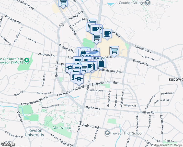 map of restaurants, bars, coffee shops, grocery stores, and more near 412 York Rd in Towson