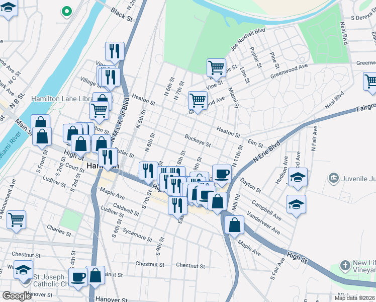 map of restaurants, bars, coffee shops, grocery stores, and more near 733 Buckeye Street in Hamilton