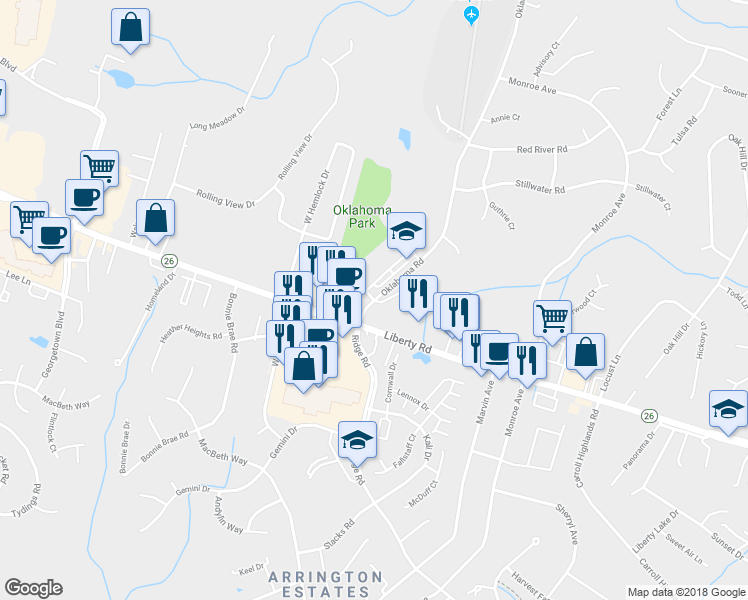 map of restaurants, bars, coffee shops, grocery stores, and more near Dickenson Road in Eldersburg