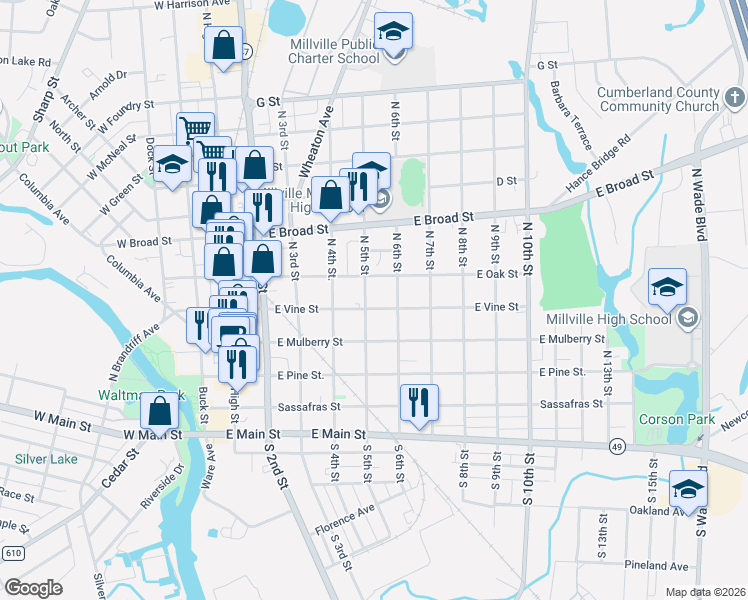 map of restaurants, bars, coffee shops, grocery stores, and more near 422 North 5th Street in Millville