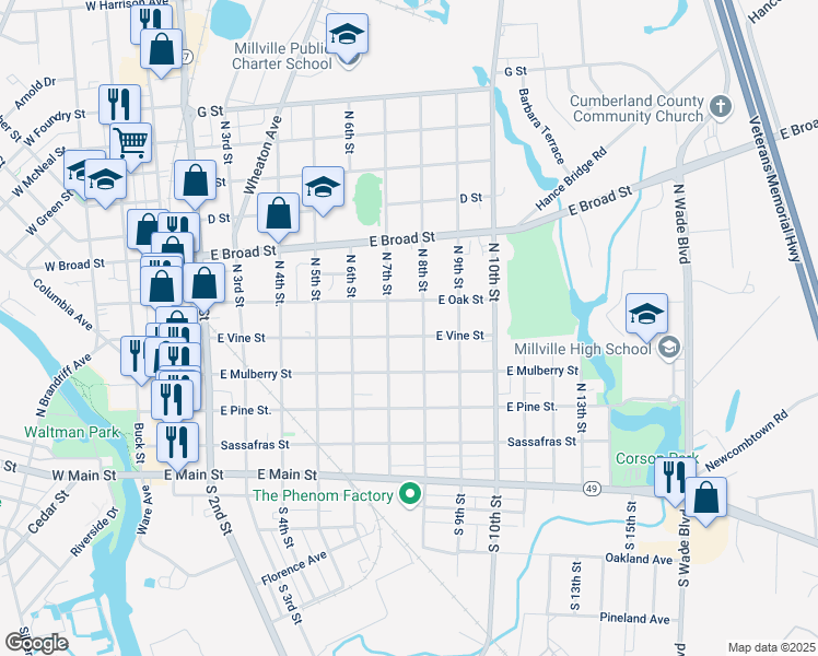 map of restaurants, bars, coffee shops, grocery stores, and more near 720 East Vine Street in Millville
