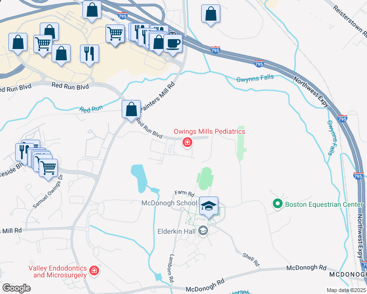 map of restaurants, bars, coffee shops, grocery stores, and more near 10055 Red Run Boulevard in Owings Mills