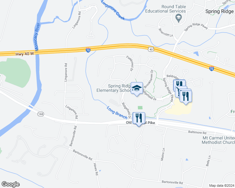 map of restaurants, bars, coffee shops, grocery stores, and more near 6341 Springwater Terrace in Frederick