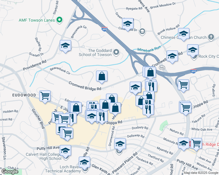 map of restaurants, bars, coffee shops, grocery stores, and more near 1025 Cromwell Bridge Road in Towson