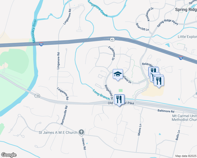 map of restaurants, bars, coffee shops, grocery stores, and more near 6343 Springwater Terrace in Frederick