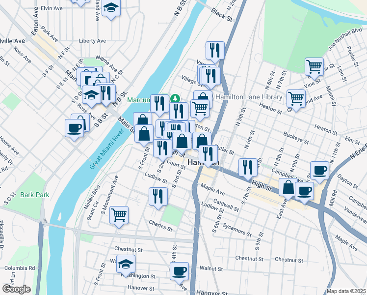 map of restaurants, bars, coffee shops, grocery stores, and more near 102 North 2nd Street in Hamilton