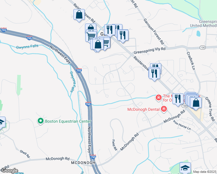 map of restaurants, bars, coffee shops, grocery stores, and more near 21 Spirit Lane in Owings Mills