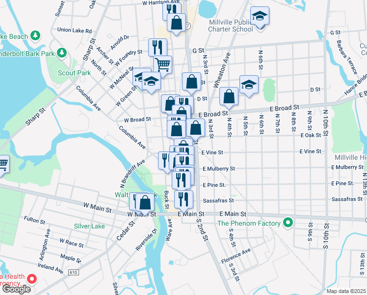 map of restaurants, bars, coffee shops, grocery stores, and more near 434 North High Street in Bridgeton