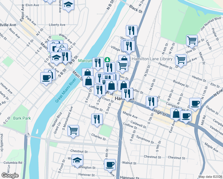 map of restaurants, bars, coffee shops, grocery stores, and more near 236 High Street in Hamilton