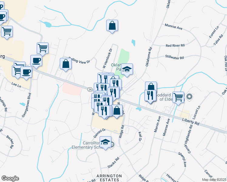 map of restaurants, bars, coffee shops, grocery stores, and more near 1720 Liberty Road in Eldersburg