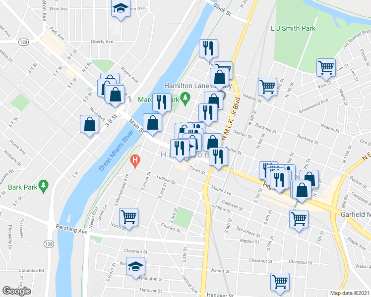 map of restaurants, bars, coffee shops, grocery stores, and more near 220 High Street in Hamilton
