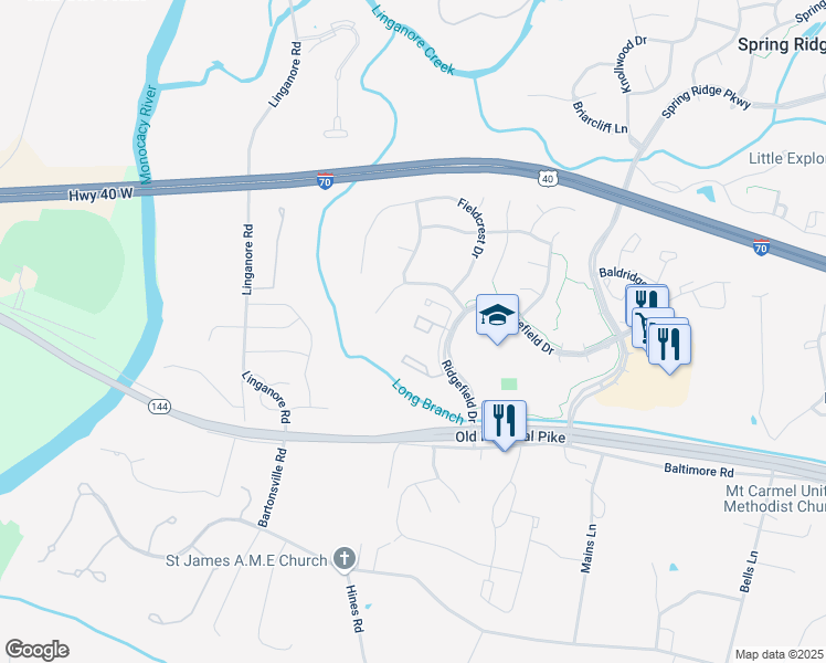 map of restaurants, bars, coffee shops, grocery stores, and more near 6343 Springwater Terrace in Frederick