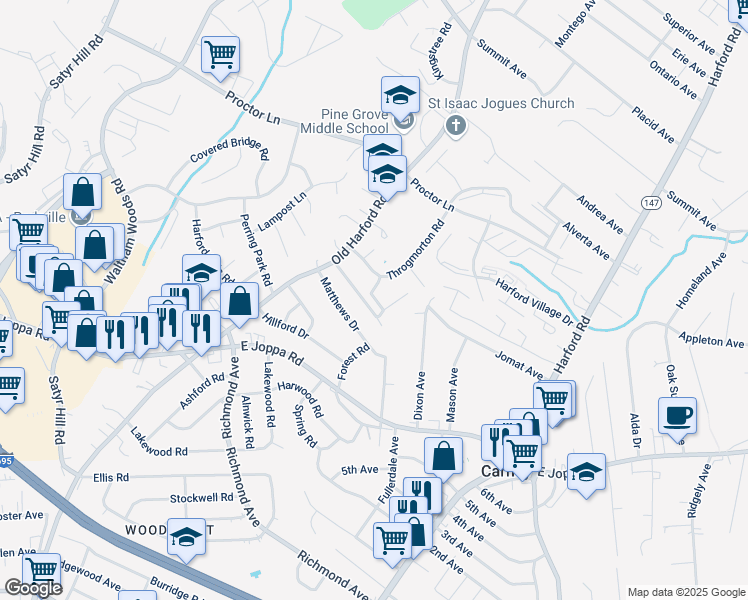 map of restaurants, bars, coffee shops, grocery stores, and more near 2618 Luiss Deane Drive in Parkville