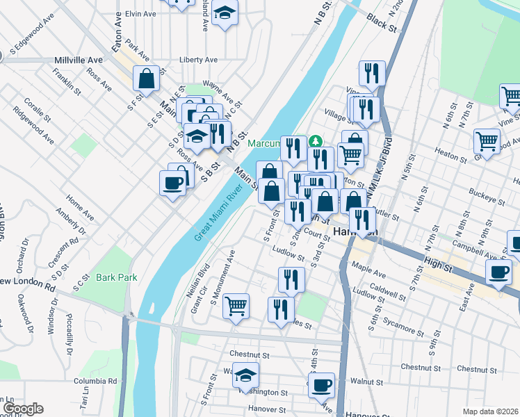 map of restaurants, bars, coffee shops, grocery stores, and more near 10 South Monument Avenue in Hamilton