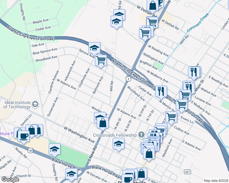 map of restaurants, bars, coffee shops, grocery stores, and more near 253 North New Road in Pleasantville