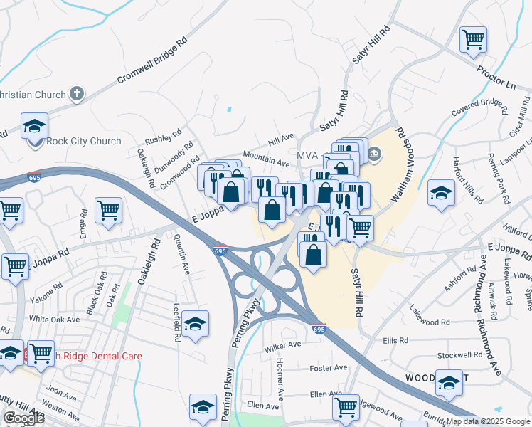 map of restaurants, bars, coffee shops, grocery stores, and more near 1928 East Joppa Road in Parkville