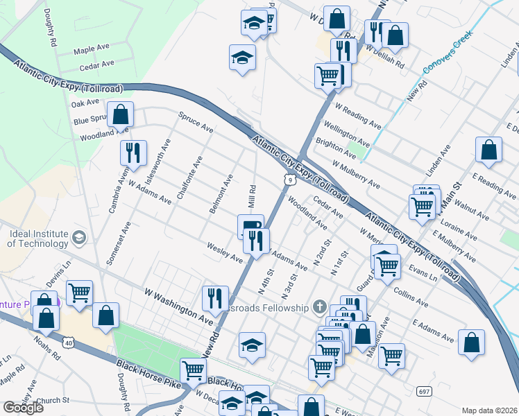 map of restaurants, bars, coffee shops, grocery stores, and more near 253 North New Road in Pleasantville