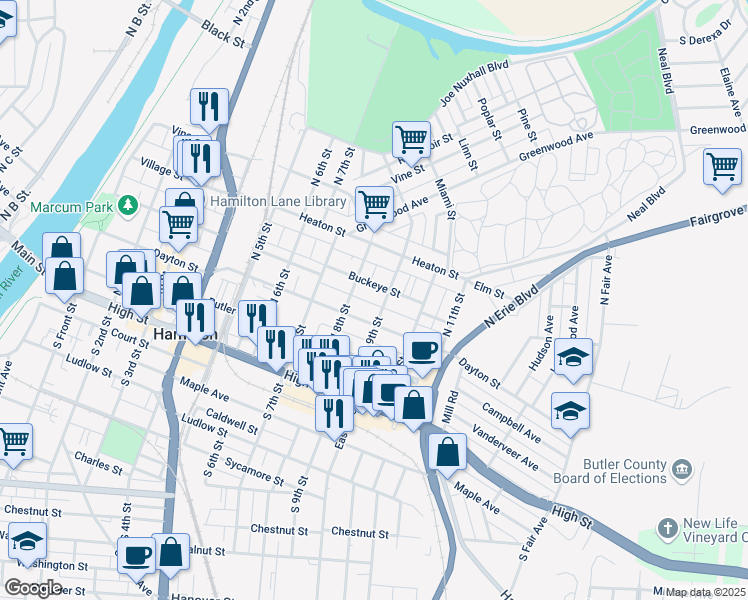 map of restaurants, bars, coffee shops, grocery stores, and more near 826 Buckeye Street in Hamilton