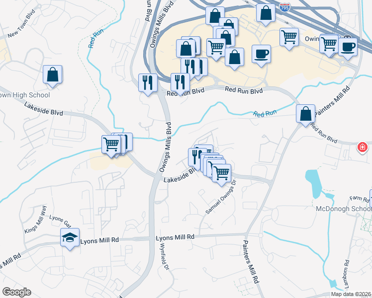 map of restaurants, bars, coffee shops, grocery stores, and more near 9200 Groveton Circle in Owings Mills