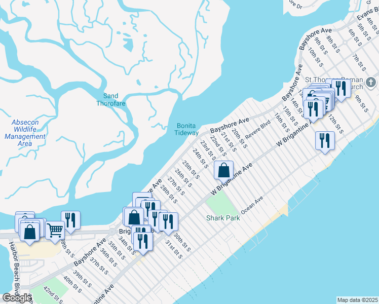 map of restaurants, bars, coffee shops, grocery stores, and more near 2401 Bayshore Avenue in Brigantine