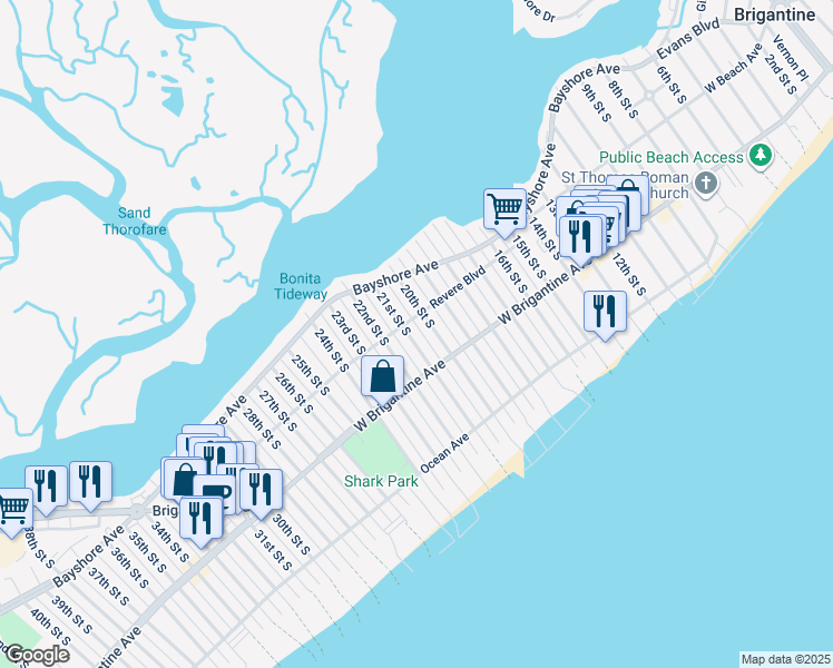 map of restaurants, bars, coffee shops, grocery stores, and more near 2005 Revere Boulevard in Brigantine