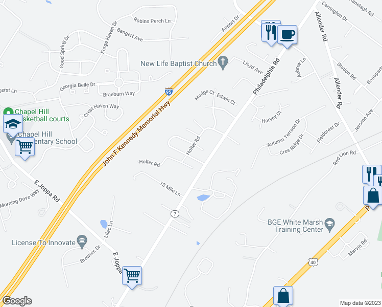 map of restaurants, bars, coffee shops, grocery stores, and more near 5409 Overlook Circle in White Marsh