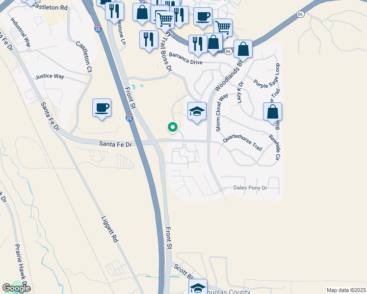 map of restaurants, bars, coffee shops, grocery stores, and more near 410 Black Feather Loop in Castle Rock