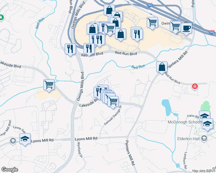 map of restaurants, bars, coffee shops, grocery stores, and more near 9401 Groveton Circle in Owings Mills