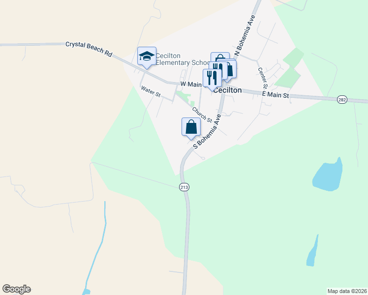 map of restaurants, bars, coffee shops, grocery stores, and more near 251 South Bohemia Avenue in Cecilton