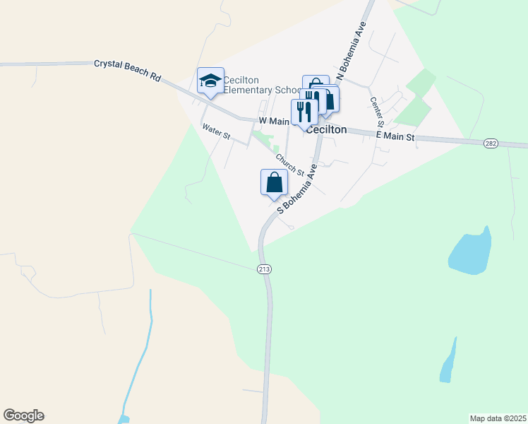 map of restaurants, bars, coffee shops, grocery stores, and more near 251 South Bohemia Avenue in Cecilton