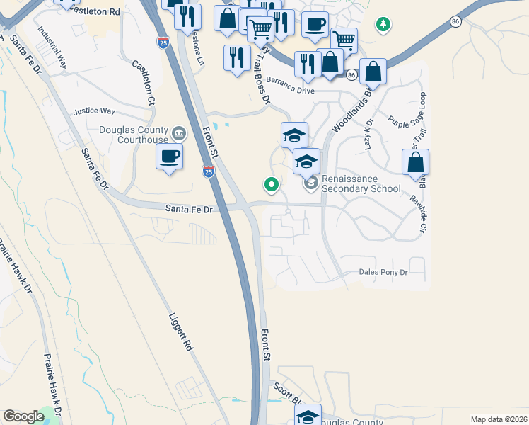 map of restaurants, bars, coffee shops, grocery stores, and more near 3950 Trail Boss Lane in Castle Rock