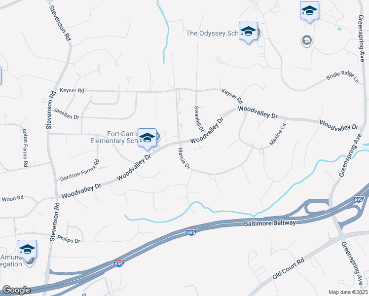 map of restaurants, bars, coffee shops, grocery stores, and more near 8221 Marcie Drive in Pikesville