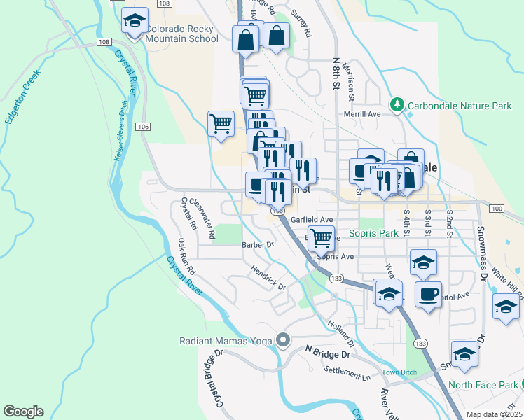map of restaurants, bars, coffee shops, grocery stores, and more near 1033 Colorado 133 in Carbondale