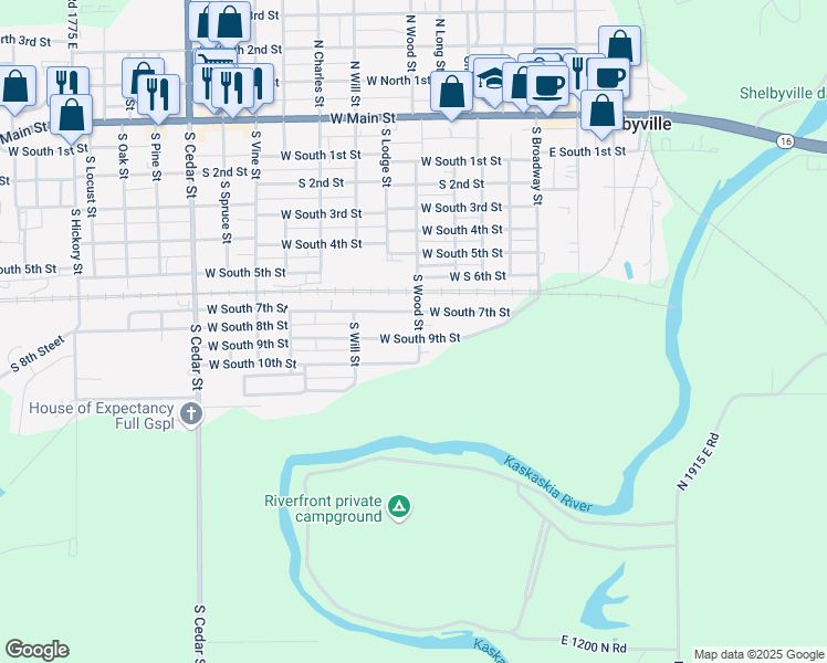 map of restaurants, bars, coffee shops, grocery stores, and more near 906 South Wood Street in Shelbyville