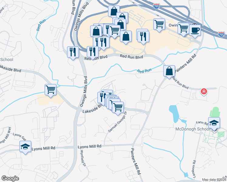 map of restaurants, bars, coffee shops, grocery stores, and more near 9601 Groveton Circle in Owings Mills