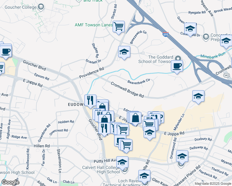 map of restaurants, bars, coffee shops, grocery stores, and more near 915 Cromwell Bridge Road in Towson