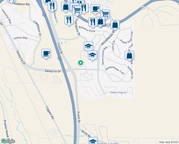 map of restaurants, bars, coffee shops, grocery stores, and more near 410 Black Feather Loop in Castle Rock