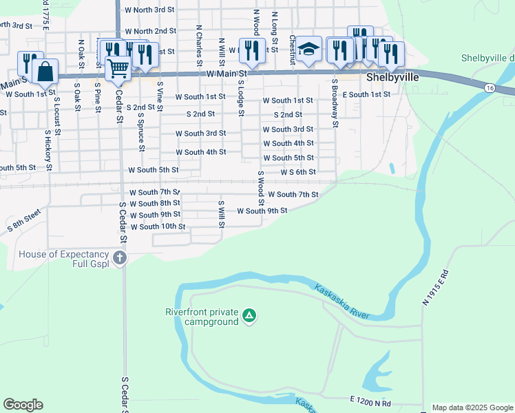 map of restaurants, bars, coffee shops, grocery stores, and more near 906 South Wood Street in Shelbyville
