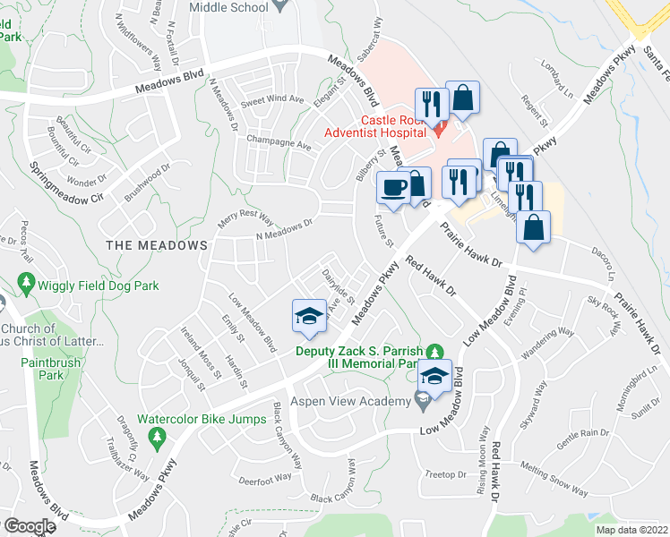 map of restaurants, bars, coffee shops, grocery stores, and more near 3680 Penang Drive in Castle Rock