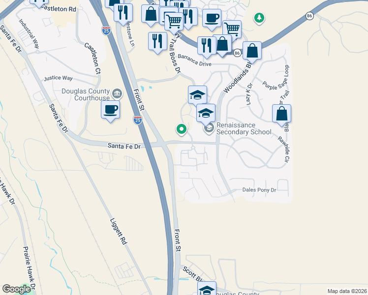 map of restaurants, bars, coffee shops, grocery stores, and more near 3950 Trail Boss Lane in Castle Rock
