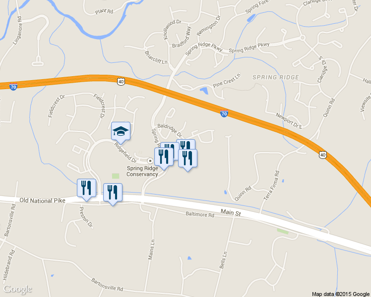 map of restaurants, bars, coffee shops, grocery stores, and more near 9103 Ridgefield Lane in Frederick