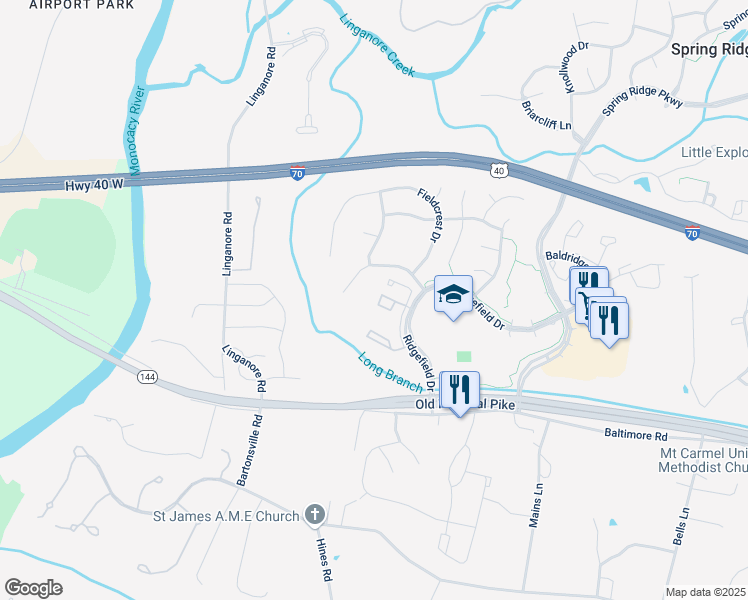 map of restaurants, bars, coffee shops, grocery stores, and more near 6344 Springwater Terrace in Frederick