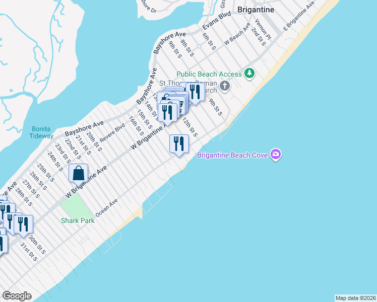 map of restaurants, bars, coffee shops, grocery stores, and more near 1204 Ocean Avenue in Brigantine